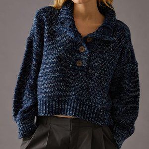 Pilcro Henley Mega Pullover Sweater, Blue Chunky Knit Sweater Wooden Buttons XL